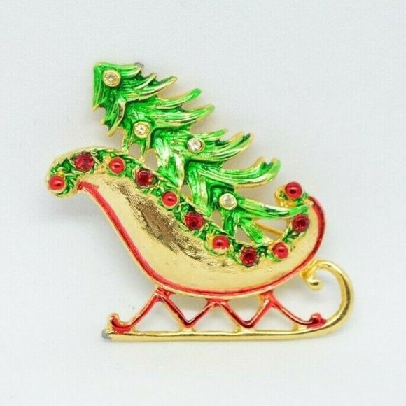 Vintage Jewelry - Christmas Tree Sleigh Enamel Rhinestone Red Green